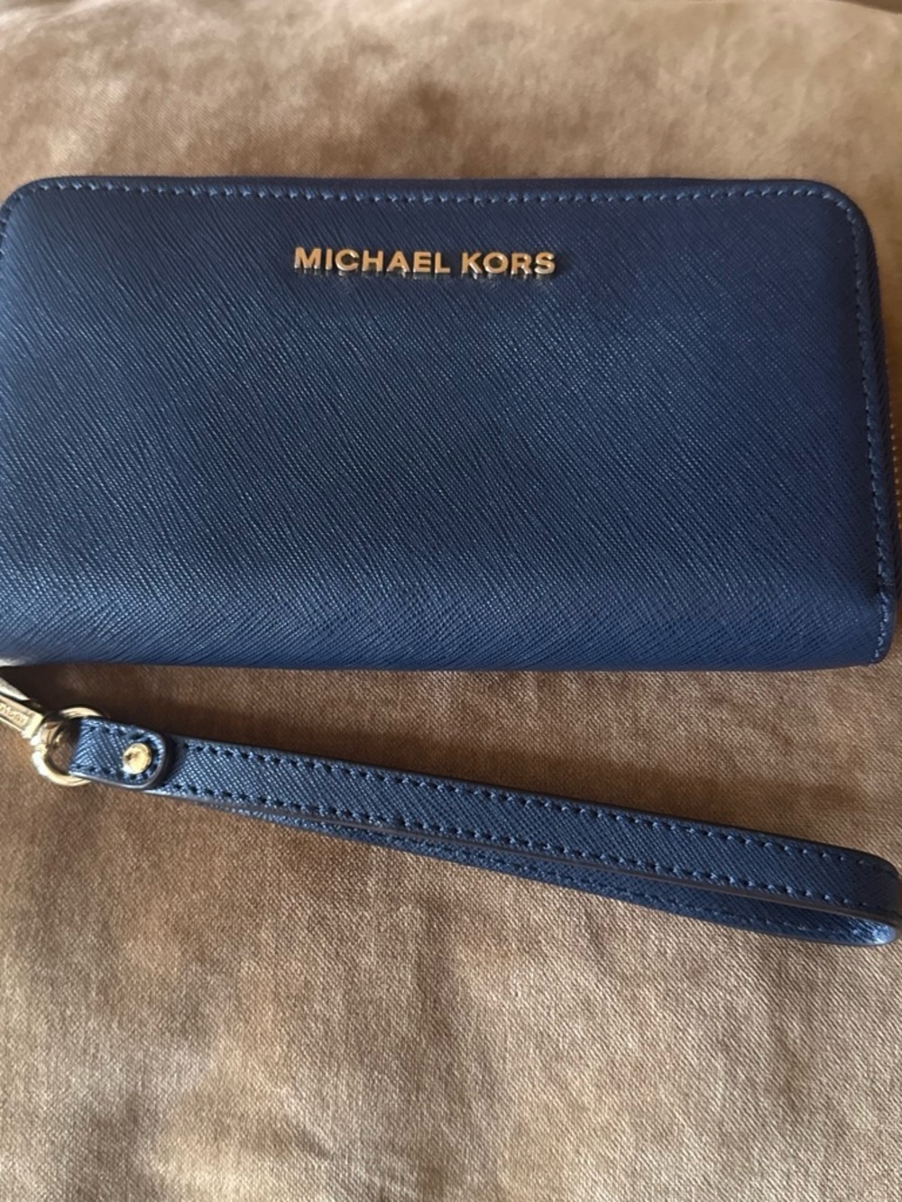 Michael Kors Navy Saffiano Zip-Around Wristlet Wallet with Gold Logo